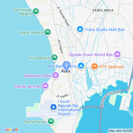 Map showing location of Urbanview Hotel Grand Pudjawan near Kuta Beach