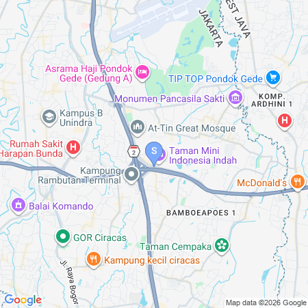 Map showing location of RedDoorz near LRT Taman Mini Jakarta